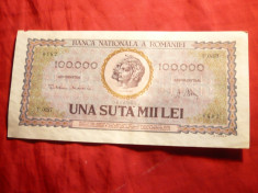 Bancnota 100 000 lei 1947 Mihai I , cal.apr. NC dar cu o ciupitura sus foto