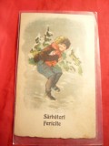 Ilustrata -Felicitare de Craciun -Baietel la patinaj ,interbelica