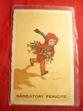 Ilustrata -Felicitare de Craciun ,interbelica ,semnata- cu stamp. Reclama recens