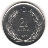 SV * Turcia 2 1/2 LIRA 1971 FAO AUNC+, Asia, Nichel