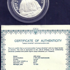 UCRAINA 1000000 1.000.000 KARBOVANTSIV 1996 , LESYA UKRAINKA Ag. 15,5g PROOF