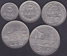 Set complet monede Romania 1966 5, 15 si 25 Bani, 1 Leu, 3 Lei - KM#92-96 XF foto