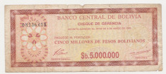 BOLIVIA 5 milioane pesos bolivianos 1985 VG-F foto