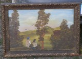 Tablou Ulei pe Placaj Semnat 1972 - Peisaj Rural, 37x57.5cm, Rama Decorativa - Pictura Veche cu Tarani pe Deal