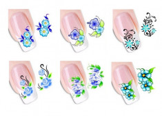 Stickere cu Apa model Flori Albastre, set de 6 bucati pentru decoatiuni unghii foto