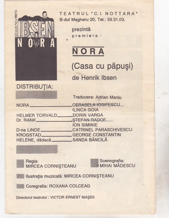 bnk div Program teatru - Teatrul Nottara 1992 - Nora