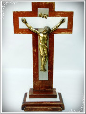 CRUCIFIX VECHI PENTRU MASA, MARE, FACUT DIN LEMN ?I ANTIMONIU, ISUS HRISTOS! foto