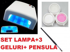 Kit / Set unghii false cu Lampa UV alba, 3 geluri, pensula gel foto