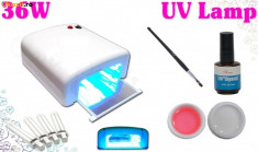 Kit / Set unghii false cu Lampa UV, 2 geluri, top coat, pensula gel foto