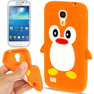 Husa silicon portocalie model pinguin Samsung Galaxy S4 Mini i9190 + folie foto