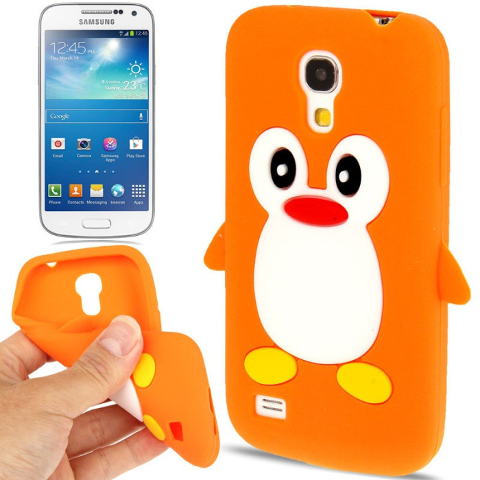 Husa silicon portocalie model pinguin Samsung Galaxy S4 Mini i9190 + folie