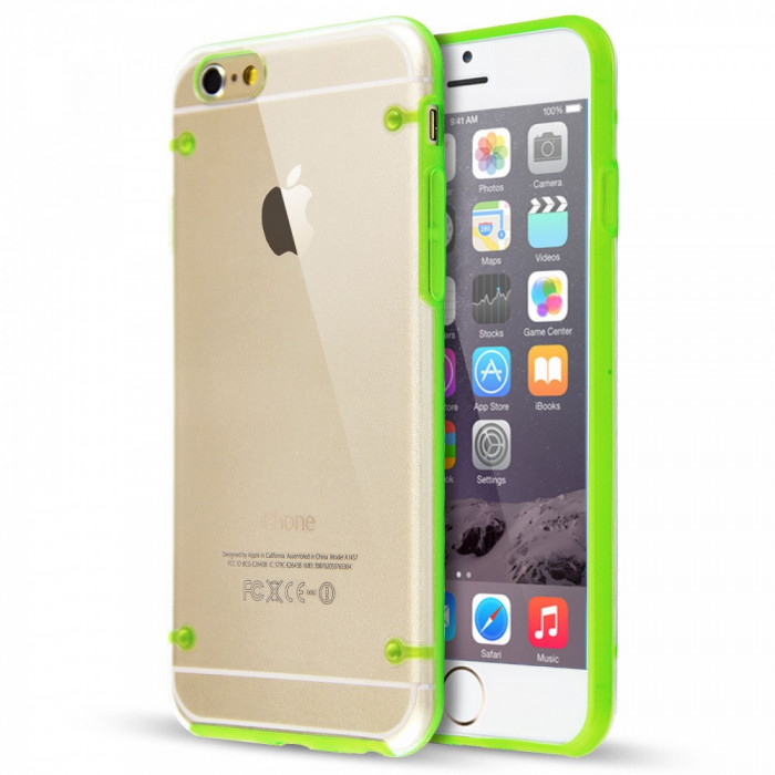 Husa silicon transparent cu margini verzi intarite Iphone 6 4,7&quot; + folie