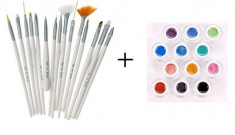 Pachet Pensule Nail Art Brush - Set 15 bucati + Set 12 Geluri UV Color foto