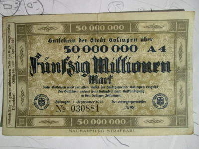 50 Millionen mark 1923 Germania , notgeld Solingen , 50 milioane marci 50000000 foto