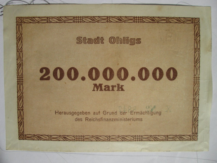 200 Millionen mark 1923 Germania, notgeld Ohligs, 200 milioane marci stampila