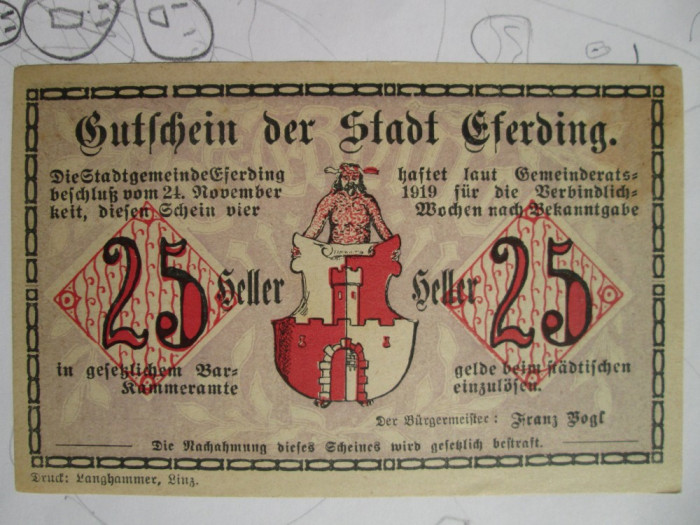 25 heller 1919 Austria notgeld Eferding