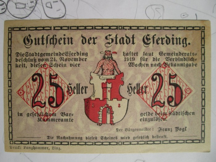 25 heller 1919 Austria notgeld Eferding