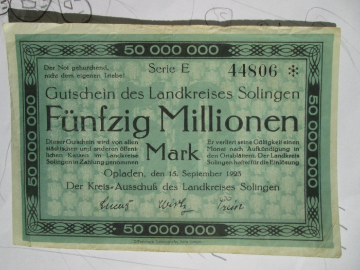 50 milioane mark 1923 Germania, notgeld Solingen, 50 millionen marci