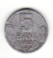 Moldova 5 bani 1993 , primul an de batere. foto