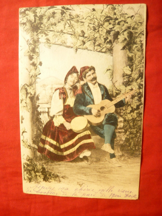 Ilustrata - Pereche Cantareti-Dansatori ,circulat 1902 Bacau-Moinesti ,cu 5 bani