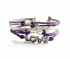 BRATARA INFINITY CHARM MOV ALB PURPLE CU ACCESORII SAGEATA INFINIT MESAJ ?LOVE? foto