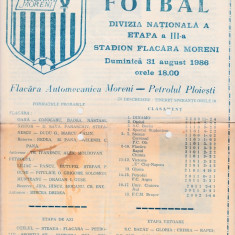 Program meci fotbal FLACARA MORENI - PETROLUL PLOIESTI 31.08.1986