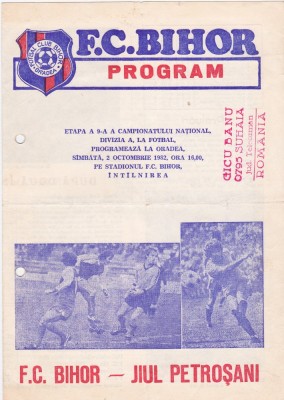 Program meci fotbal FC BIHOR ORADEA - JIUL PETROSANI 02.10.1982 foto