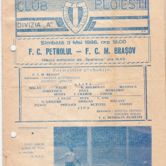 Program meci fotbal PETROLUL PLOIESTI - FCM BRASOV 03.05.1986