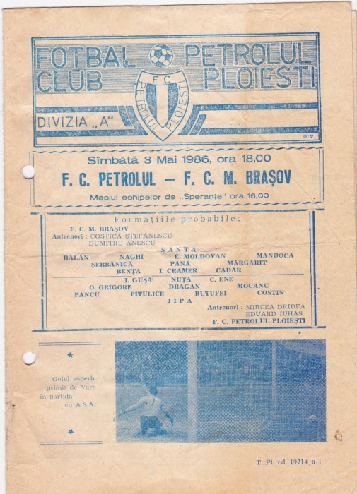 Program meci fotbal PETROLUL PLOIESTI - FCM BRASOV 03.05.1986