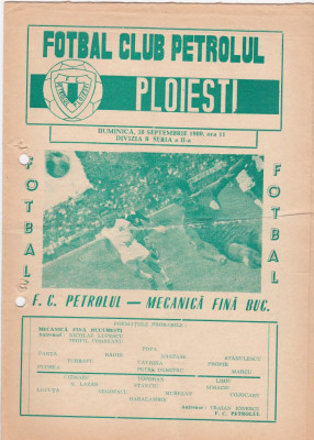 Program meci fotbal PETROLUL PLOIESTI - MECANICA FINA BUCURESTI 28.09.1980 foto