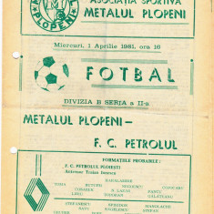 Program meci fotbal METALUL PLOPENI - PETROLUL PLOIESTI 01.04.1981
