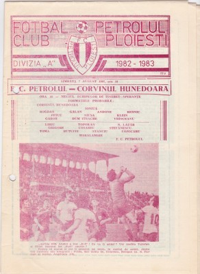 Program meci fotbal PETROLUL PLOIESTI - CORVINUL HUNEDOARA 07.08.1982 foto