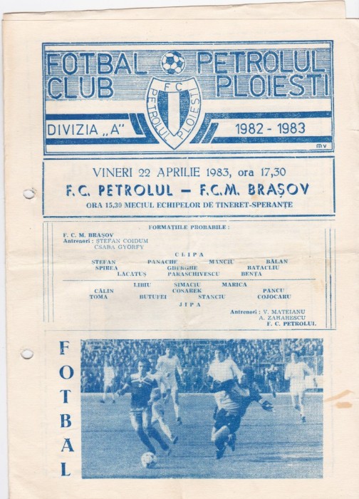 Program meci fotbal PETROLUL PLOIESTI - FCM BRASOV 22.04.1983