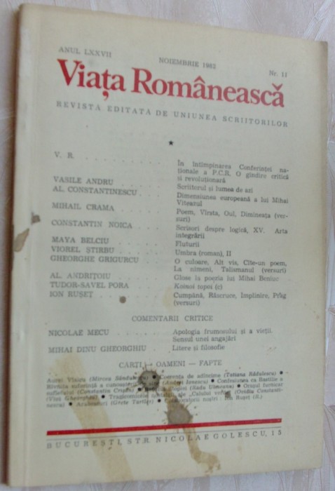 VIATA ROMANEASCA,11/1982(Constantin Noica/Mihail Crama/Gh. Grigurcu/Ion Ruset+)