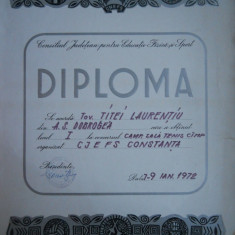HOPCT DIPLOMA SPORTIVA NR 19 CONS. JUD.PTR. ED.FIZICA SI SPORT C-TA-TENIS 1972