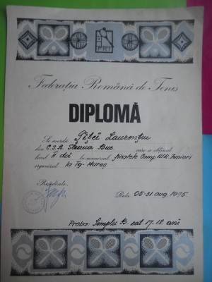 HOPCT DIPLOMA SPORTIVA NR 15 FEDERATIA ROMANA DE TENIS C.S. STEAUA BUC. 1975 foto