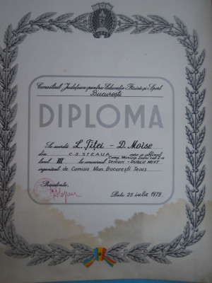 HOPCT DIPLOMA SPORTIVA NR 23 CONS. JUD.PTR. ED.FIZICA SI SPORT BUCUR-TENIS 1979 foto