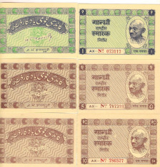!!! INDIA - LOT CUPOANE 1 + 5 + 10 RUPII , FONDUL MEMORIAL GHANDI 1949 - UNC foto
