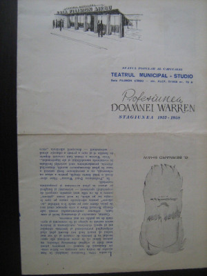 Program teatru stagiunea 1958 - Profesiunea doamnei Warren / Teatrul Municipal foto