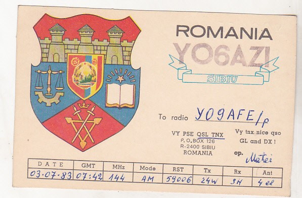 bnk cp Romania Carte postala QSL 1983 - Stema Sibiului