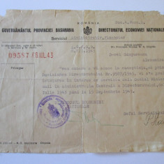 DOCUMENT CU ANTET SI STAMPILA GUVERNAMANTUL PROVINCIEI BASARABIA 1943