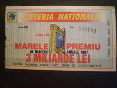 BILET LOTERIE - MARELE PREMIU AL TRAGERII ANUALE 1997 - ROMANIA - FOLOSIT . foto