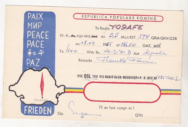 bnk cp Romania CP QSL 1965 - Pace -