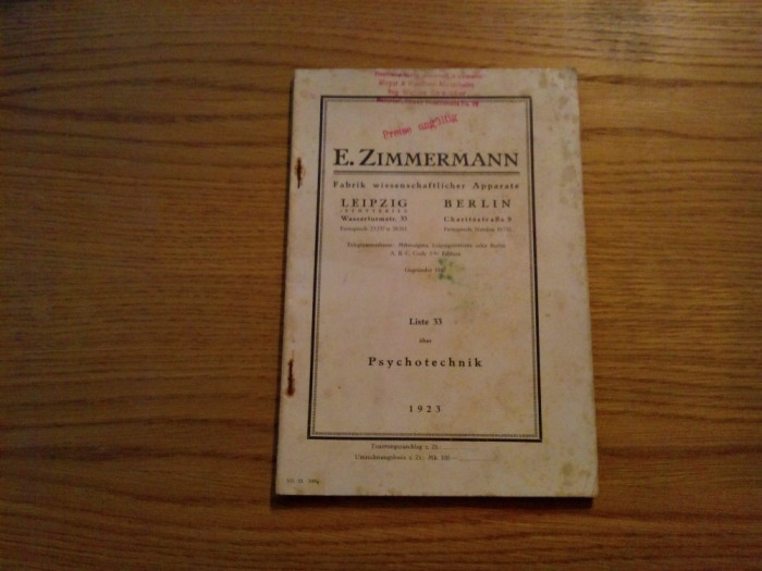 E. ZIMMERMANN * Fabrik Wissenschaftlicher Apparate - Psychotechnik - 1923