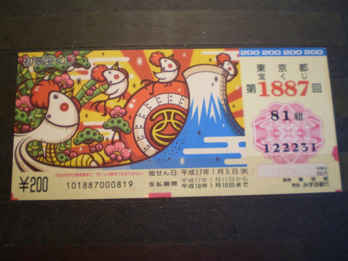 BILET LOTO - JAPONIA - 200 YENI - 1887 - NEFOLOSIT .