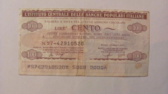 CY - 100 lire 1977 Italia Banca di Merano
