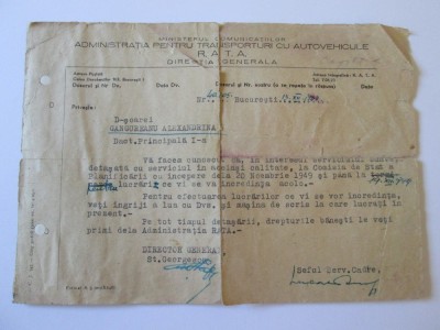 DOCUMENT ADM.PENTRU TRANSPORTURI CU AUTOVEHICULE R.A.T.A. 1949 foto