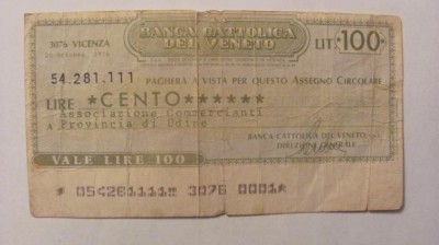 CY - 100 lire 1976 Italia Banca del Veneto foto