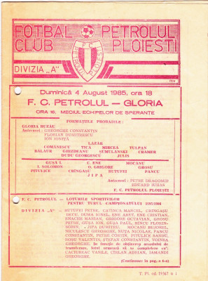 Program meci fotbal PETROLUL PLOIESTI - GLORIA BUZAU 04.08.1985 foto