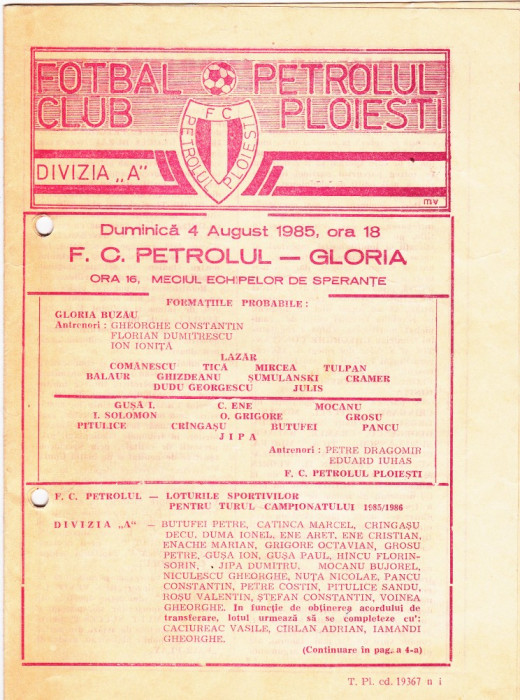 Program meci fotbal PETROLUL PLOIESTI - GLORIA BUZAU 04.08.1985